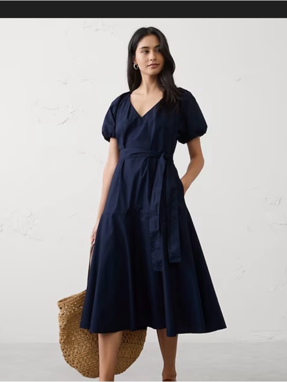POPLIN GATHERED-SHOULDER MIDI DRESS